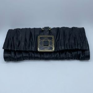 R&Y Agousti Black Leather Ruched Gathered Envelope Clutch Purse Art Deco